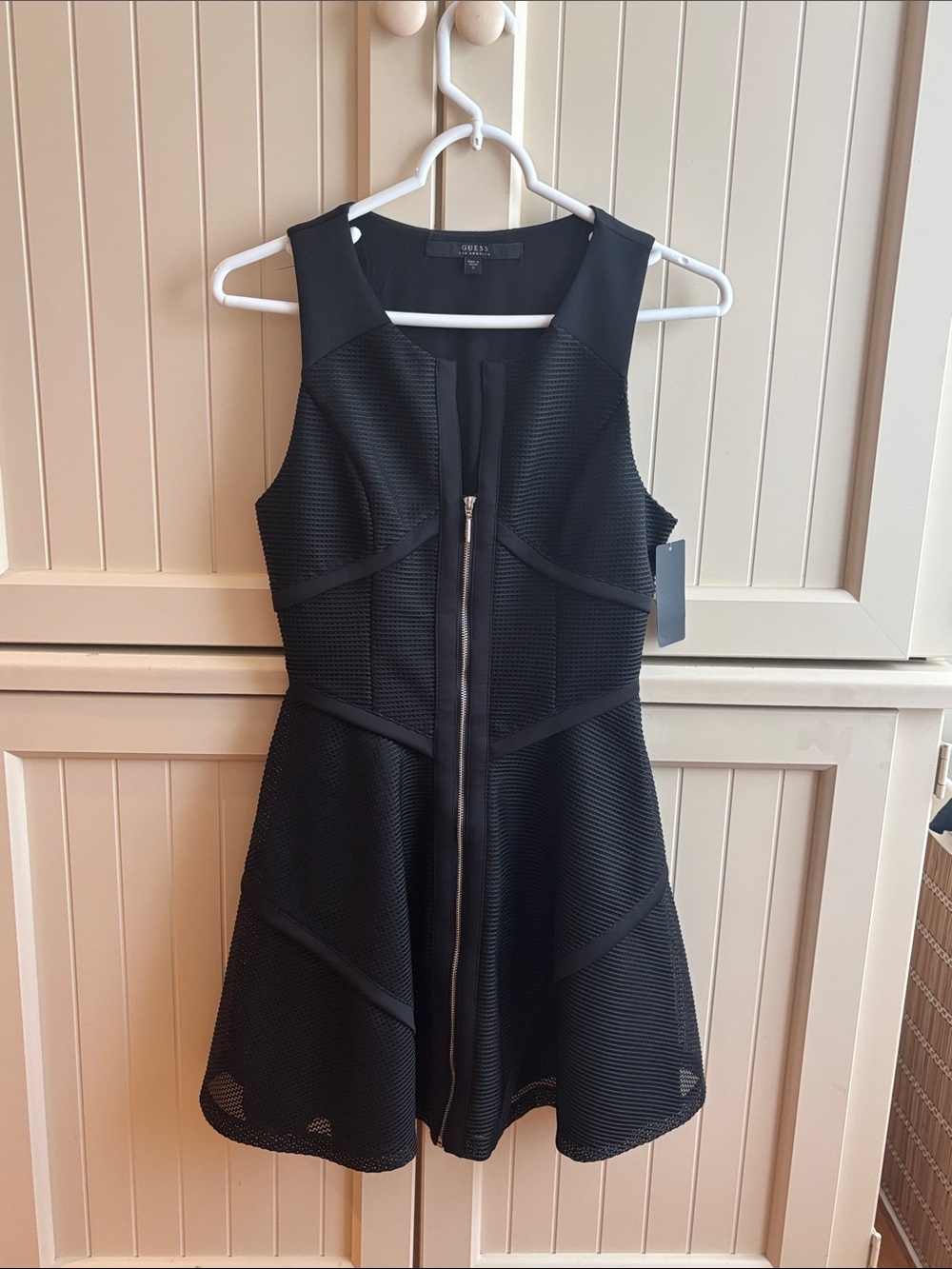 Guess Black Sleeveless Front-Zip Flared Mini Dress